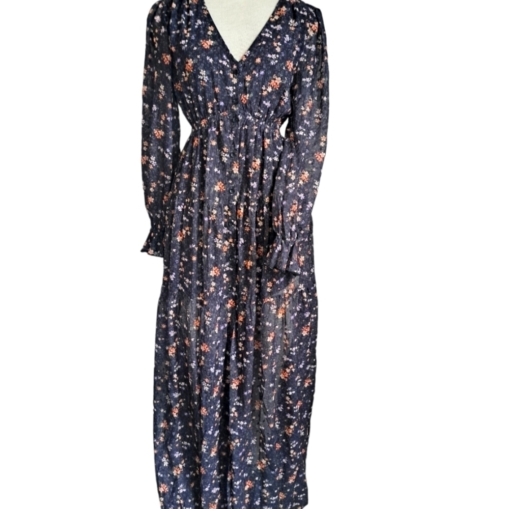 Tiny floral tiered MAXI  dress long sleeves ruffle cuff button up Shabby Aakaa S
